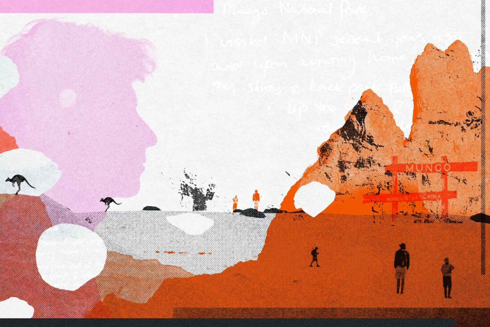 Photo illustration by Matthew Johnston combining multiple images of Mungo National Park. The image contains shades of orange, pink, grey and white.